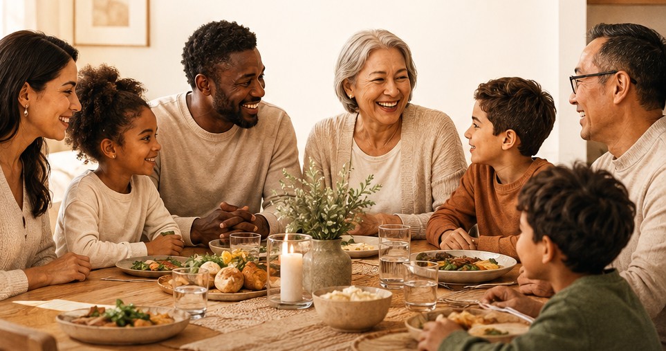 Eine Familie am Tisch, drei Generationen beisammen
